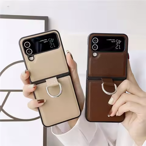 For Samsung Galaxy Z Flip 5 4 3 Phone Case Luxury Pu Leather Hard Plastic Back Cover5G Case with Rin