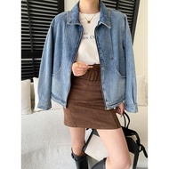 SN8625 Early Spring American Retro Distressed Lapel Loose Casual Washed Denim Jacket SN8625