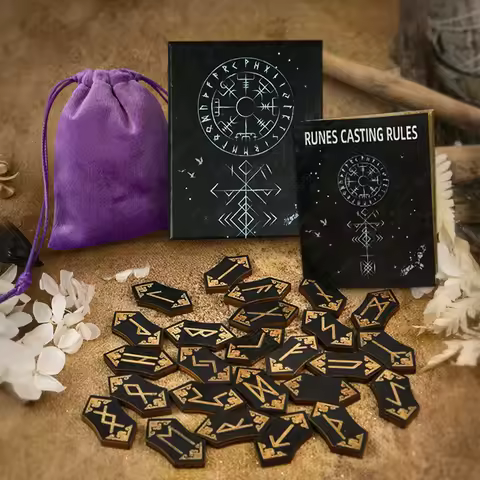 Wooden Rune Stone Set 25pcs Viking Norse Divination Kit with Guide Book Velvet Bag Spiritual Runes B