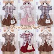 OVP Earth Tone Lotus Neck Shirt Dolly Sleeves Plaid Fabric Brown Front Buttons Are Available. Blouse