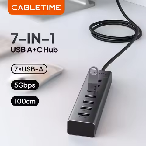 Hub CABLETIME 7 IN 1 USB A+C 7 * USB A Port USB 3.0 5Gbps Fast Data Transfer Aluminum Durable Shell 