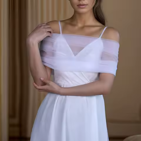 White Tulle Bridal Bolero with Pearl Buttons - Detachable Off-Shoulder Wrap for Wedding Evening or B