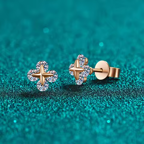 Luxury 0.8ct Moissanite Champagne Gold & 18k White Gold Stud Earrings for Female Stars Movable Earri