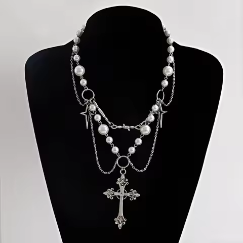 Punk Crosses Pendant Necklace Gothic Crosses Layered Chain Imitation Pearls Beaded Choker Vintage Sw