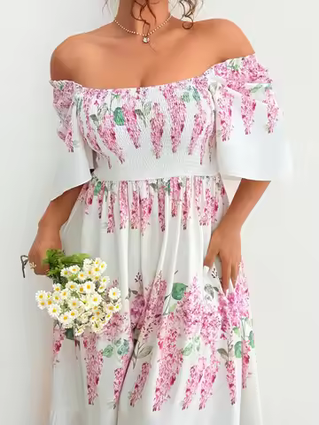 Plus Size Ladies Romantic Girl Summer Romantic Floral Ruffle Sleeve Range Waist Short Sleeve Dresses