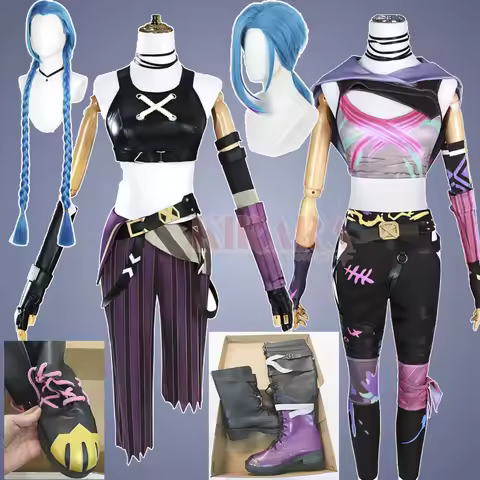 Anime Arcane Jinx Cosplay Costume Long Wig Hat Clothes Jinx Cosplay Shoes Boots for Women Comic Con