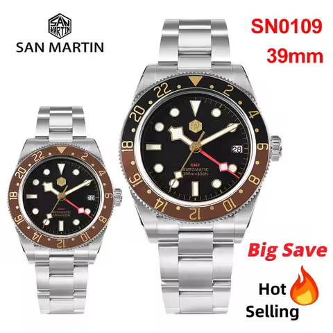 San Martin SN0109 Mechanical Watch Classic Vintage 39mm NH34 GMT Automatic Luxury Men Watch Sapphire