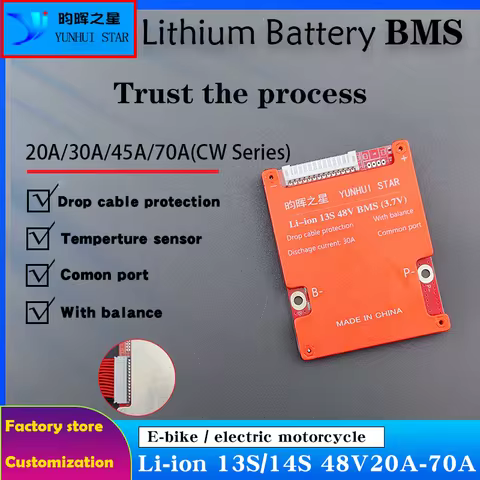 YUNHUI STAR BMS Li-Ion 13S 14S BMS 48V 20A 30A 45A 70A with NTC Temperature Sensor For 18650 Battery