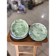 Piring Enamel Seng Kaleng Blirik Lurik Lorek Loreng Jadul Kuno Antik Hijau 20Cm Piring Makan - 12Pcs