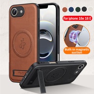 For iPhone 16e ifon 16E ifon16 E 6.1" 5G Luxury Leather Magnetic Casing Car Stand Holder Phone Prote