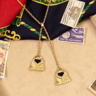 奧地利Swarovski名牌古董 黑琺瑯精品皮包造型 Y字鍊 長項鍊