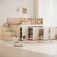 小户型  奶油風 兒童半高床衣櫃一體 Children's half-height bed and wardrobe in one unit 上床下櫃 榻榻米衣櫃 多功能大容量收納衣櫃  ideasp