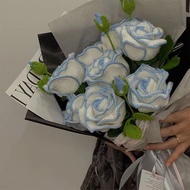 Mother's Day Gift Wool Crochet Blue Edge Thai Rose Valentine's Homemade Meaning Bouquet For Girlfrie