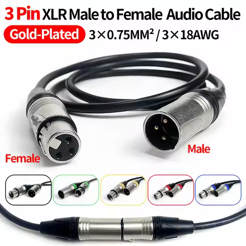 1M/2M/3M/5M/10M Gold-Plated 3-Pin XLR Male-Female Audio Cable - 3X0.75mm² (3X18AWG) Pure Copper Core
