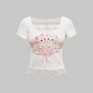 Áo thun nữ Himekaji cổ tròn in họa tiết hoa hồng mèo dễ thương, trường học