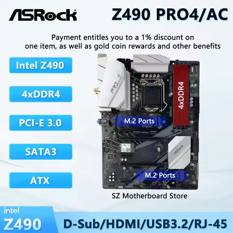 ASRock Z490 PRO4/AC LGA 1200 Motherboard Kit Z490 ATX Support CPU Intel Core I3/I9/I7 10400F 10700K 