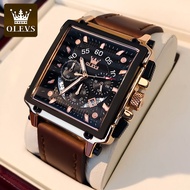 OLEVS Gold Men's Watch Square Fashion Waterproof Original Multifunctional Leather Quartz Watch for M