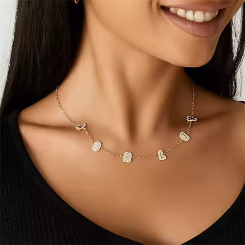 Custom Bubble Name Necklace Personalised Separate Letters Namplate With Diamond Pave Crystal Pendant