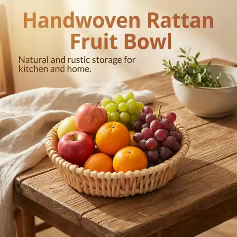 Handmade Rattan Storage Basket Natural Woven Fruit Bread Pastry Snacks Serving Bowl Kitchen Dining R