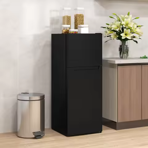 Compact Black Double Door Mini Refrigerator with Freezer, 4 Cu.ft Capacity, 5 Temperature Settings, 