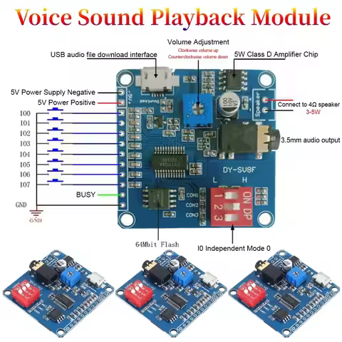 Voice Sound Playback Module Arduino MP3 Player Module UART I/O Trigger Class D Amplifier Board 5W 8M