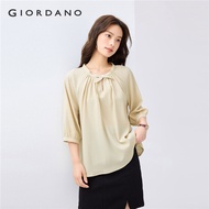 GIORDANO Women Blouses Buckle Keyhole Crewneck Shirts Elbow Length Puff Sleeve Pleated Fashion Casua