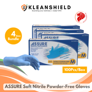 [BUNDLE OF 4] ASSURE Blue Soft Nitrile Powder-Free Gloves, 100 Pcs/Box [M size] Powder Free Nitrile Glove