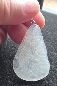 天然翡翠A貨高冰純白山水牌(925銀扣)