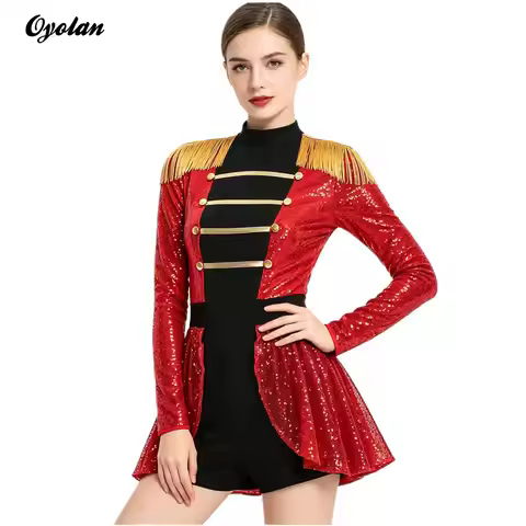 Women Circus Ringmaster Marching Band Majorette Jumpsuit Shiny Sequin Tassel Epaulet Rompers Bodysui