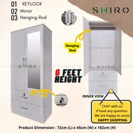 SHIRO Furniture Rak Baju Cermin 2 Pintu Wardrobe Clothes with mirror & Key Lock Almari Baju Kabinet 