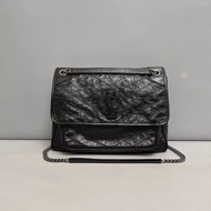 YSL聖羅蘭 Niki大號黑色全皮銀鏈郵差包