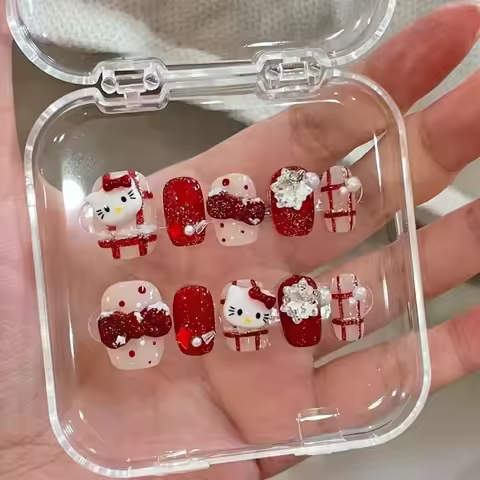Hello Kitty New Year Christmas Press on Nails Rhinestone Removable Wearable Manicure Patches Accesso