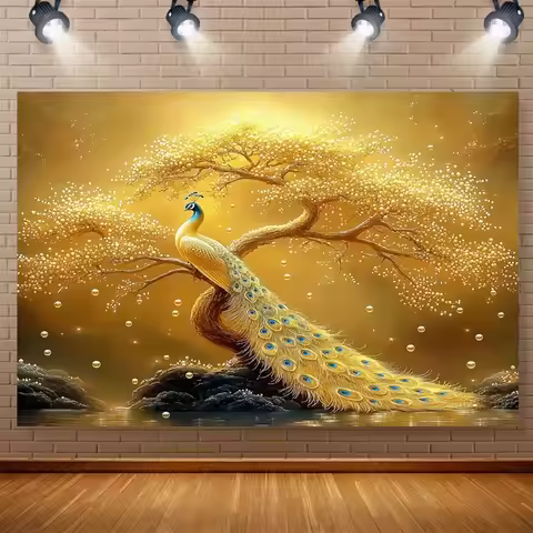 1pc Tapiz Pavo Real Dorado y Árbol la Riqueza - Colgante Pared Lujo para Año Nuevo Chino/Diwali Indi