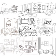 Hand-Painted Living Room Illustration Black White Line Drawing Home Sofa Placement Layout Line Draft