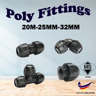 HDPE Poly Fitting Poly Pipe Connector Smart Coupler Elbow Tee End Cap 20mm 25mm 32mm Penyambung Pipe Hitam