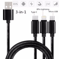 Nylon Braided 3A 1.2M Rapid Charging USB Cable 3-in-1 (Micro USB+Lightning+Type-C) for Android Smart