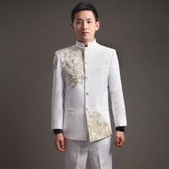 White Chinese Traditional Samfu Formal Embroidered Men's Wear Coat Jacket