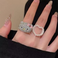 MACTEAM Cute Hello Kitty Rhinestones Rings Anime Sanrio KT Cat Rings Adjustable Pearl Heart Rings Je