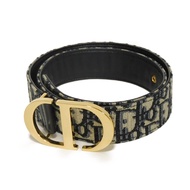 二手 Dior Montaigne 30/35mm 75 CD 標誌小牛皮黑色海軍藍斜紋提花棉質米色腰帶