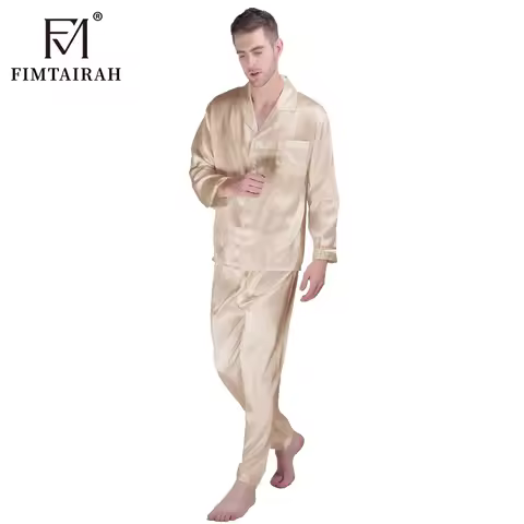 Men's Silk Pajamas Fimtariah 30MM 100% Silk Pajamas Long Sleeve Pants Set Men's Summer Soft Shirt Pa