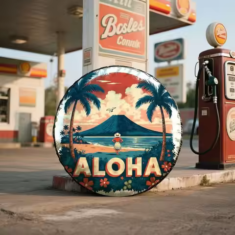 Aloha Tropical Beach Tire Cover Hawaiian Volcano Palm Tree Spare Wheel Cover for SUV Truck