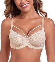 Women's Minimiser Bra Full Cup Unpadded Floral Lace Bra Plus Size Underwear Bra Large Sizes, beige, 