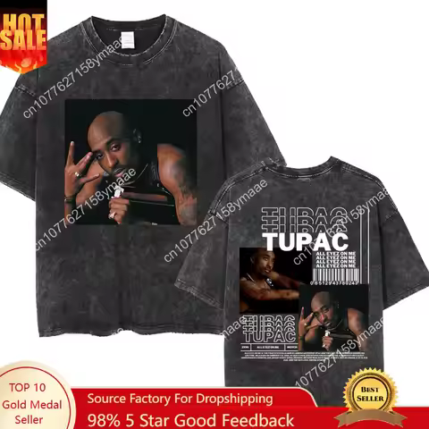 Rapper Tupac 2pac All Eyez on Me Washed T Shirts Hip Hop Vintage Fashion T-shirt Men's Oversized Cot