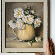 白玫瑰果花束油畫