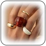 Vintage Statement Brown Resin Dome Chunky  Rings Stack for Women Trendy Funky Thick Huggie Open Knuc