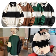 F15 Unisex Long Sleeve Sweatshirt POLO Shirt Baju Lapel Retro Streetwear Patchwork Contrast Color St
