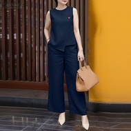 ZANZEA Women Summer 2 Piece Sets Crew Neck A-Line Sleeveless Tank Tops Solid OL Work Long Pants Suit