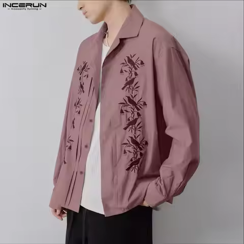 INCERUN Men Shirt Embroidered Lapel 2026 Long Sleeve Vintage Casual Men Clothing Streetwear Loose Re