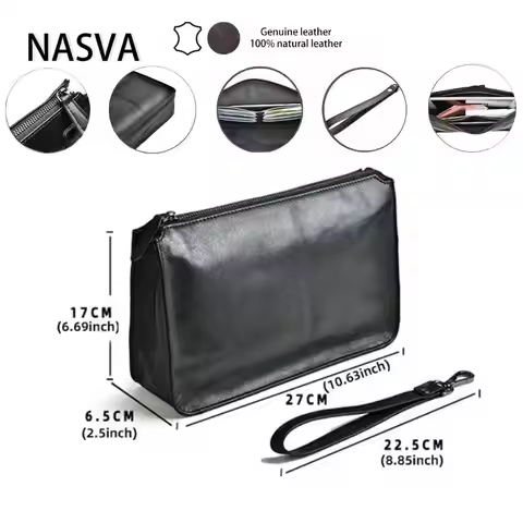 NASVA Men's Genuine Leather Clutch Bag With Wristlet Retro Envelope Bag TopLayer Cowhide Handbag Pur
