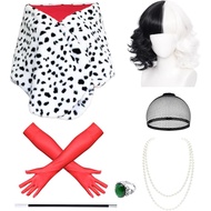 7 Pcs Women Halloween Costume Props,Include Dalmatian Shawl Scarf,Black and White Wig,Red Gloves,Pea